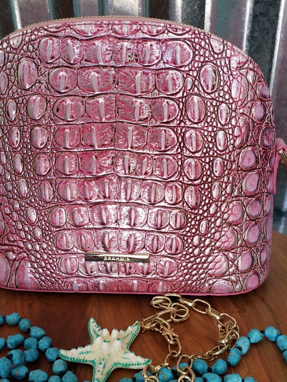 Brahmin Metallic Pink MINI GEORGINA Croc-Embossed Crossbody Bag.